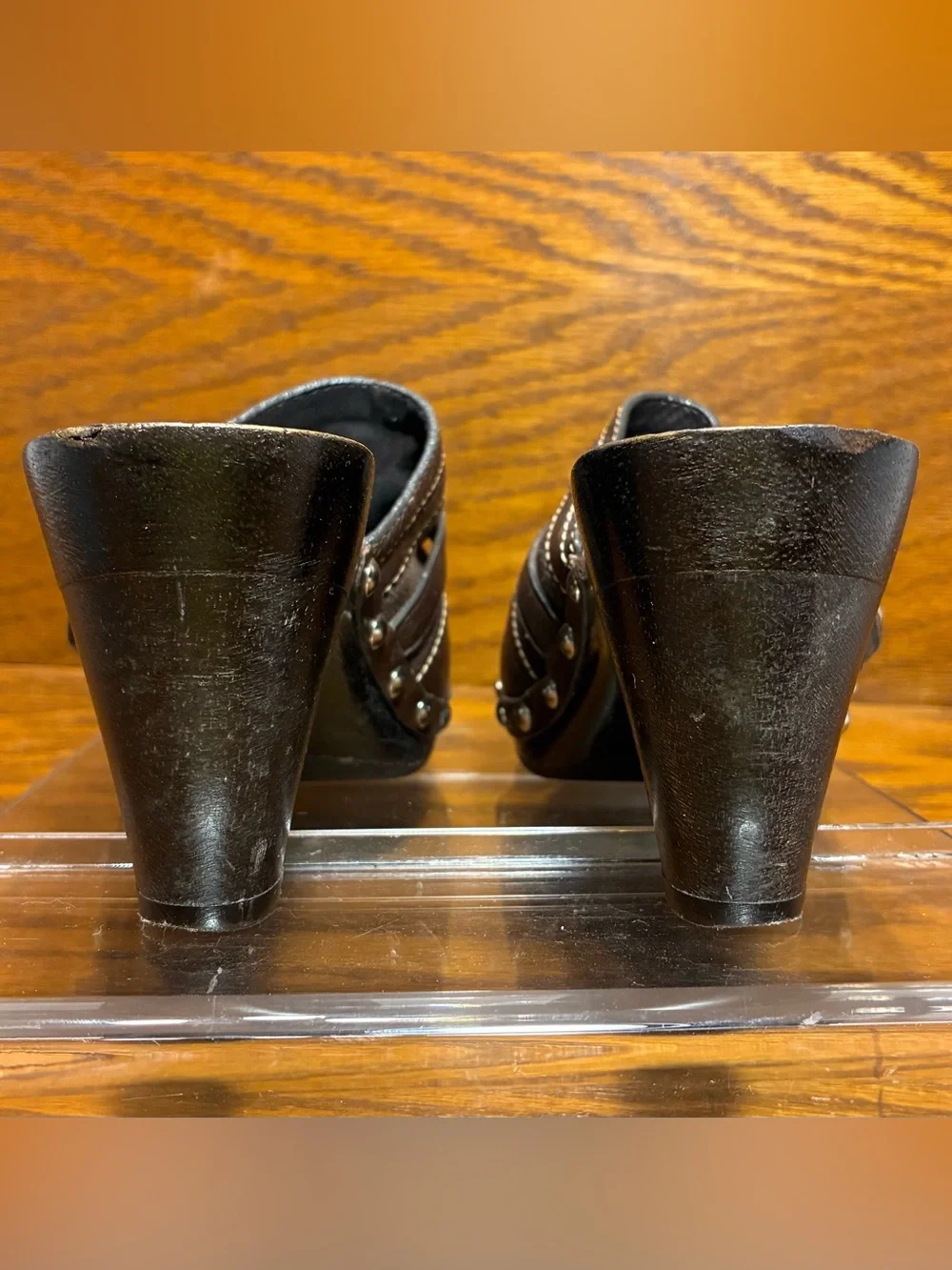 Y2K VTG Coach Horsebit Stud Wooden Heel Clogs Brown Leather Size 6